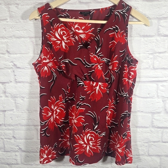 Talbots Tops - M TALBOTS Burgundy Red Floral Sleeveless Top Blouse Women Size 6 Side Zip V Neck